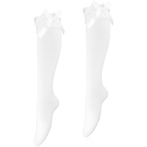 Allecto Plus - Witte Kniekousen met Strikken en Kant voor Vrouwen - Frilly Sokken voor Cosplay - Maat 38-43 EU