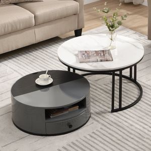 Tweedelige salontafel - Zwart en grijs PVC-marmerlook en opbergruimte, hoogglans vaten, elegant ontwerp