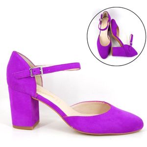 Stravers - Suede Fuchsia Pumps met Bandje Maat 44 Grote Maten Pumps met Blokhak
