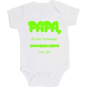 100% katoenen Romper bedrukt met grappige tekst Kado Cadeau Kraamkado Kraamcadeau Vaderdag ""Papa, ik ben helemaal ondersteboven van jou"" Unisex Katoen Wit/fluor green Maat 56/62
