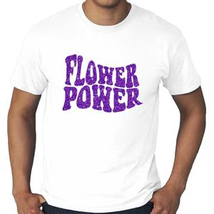 Grote maten Flower Power t-shirt - wit met paarse glitter letters - plus size heren XXXXL