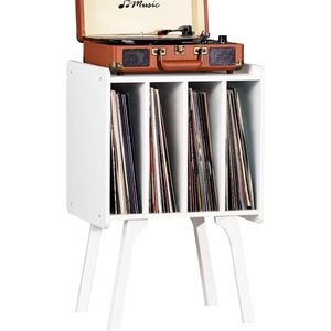Houten platenstandaard met 4 kasten, Mid-Century vinyl platenspeler tafel met massief houten poten, houdt tot 100 albums, wit vinyl platen rek voor slaapkamer en woonkamer