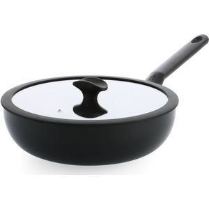 BK Enjoy Keramische Antiaanbak Wokpan met deksel Ø 28cm – 4.2L – PFAS-vrij – Inductie Wokpan – Ovenbestendig tot 160°C – Vaatwasserbestendig – Snelle opwarming – Koudgrepen - Zwart