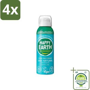 Happy Earth – Deodorant Natural Air Spray – 100% Natuurlijk Cedar Lime – 100 ml - Voordeelverpakking - 4 stuks - Natuurlijke deodorant - Cederhout en limoen