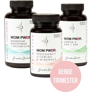 MOM PWDR Zwangerschap Vitamine en Mineralen - 3e Trimester - 3 in 1 complete set - Bereidt jouw lichaam voor op de bevalling - Mama multivitaminen - Vegan - Omega 3 – Calcium - Magnesium – Voedingssupplementen - 180 capsules