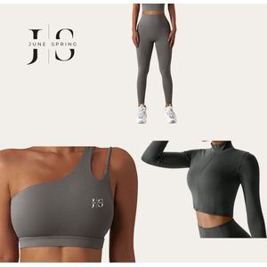 Complete Set: Legging kort, Sport Top & Sport BH - June Spring - Maat: XL- Kleur: Grijs - Fitness Outfit - Gym Kleding Vrouw - Lange Legging, Sport Top & Sportbeha - Hoge Kwaliteit - Met Telefoonzakken - Luxe Sport Set