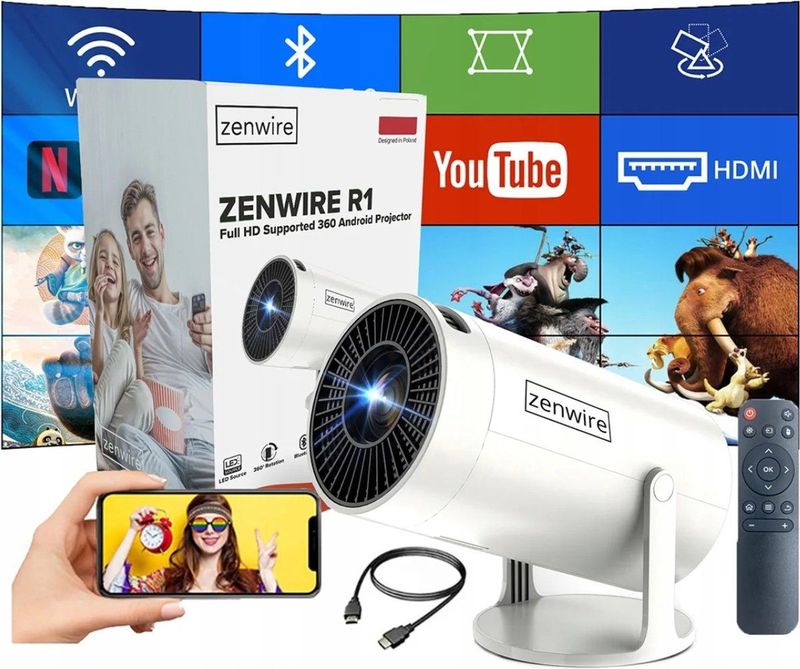 Zenwire R1 Mini Beamer - Mini Projector 360 - Draagbaar - Android 12 - WiFi 6 - Bluetooth 5.0 - HD 1280x720p