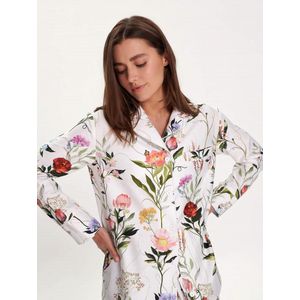 Tuinbloemen pyjama set dames–klassiek shirt& lange broek–handgeschilderde print–100% Katoensatijn–wit–maat M