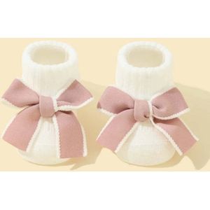 babysok wit met roze strik- schattige babysok- 1 paar witte baby-/peutermeisjes sok met strik