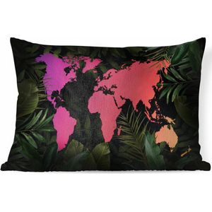 Sierkussens - Kussen - Paarse en roze wereldkaart omlijst met tropische bladeren - 60x40 cm - Kussen van katoen