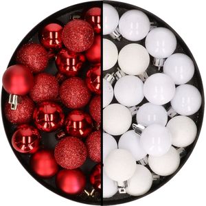 Kleine kunststof kerstversiering 40x stuks set en 3 cm kerstballen in het wit en rood - Voor kleine kerstbomen