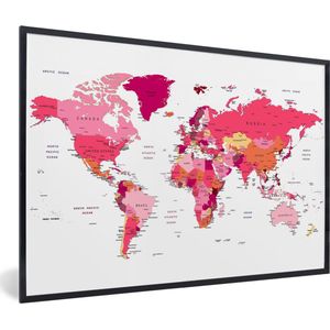 Fotolijst incl. Poster - Wereldkaart - Topografie - Roze - 60x40 cm - Posterlijst