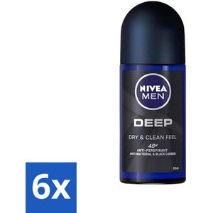 6 x Nivea - Deo Roll-On - Men - Deep - 48 Uur Lang Werkend - 50 ml - NIVEA MEN Deodorant - Antitranspirant - 48 Uur Bescherming - Actieve Kool - Mannelijke Geur
