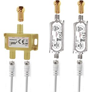 TronicXL Premium 2-voudige antenneverdeler splitter met 40dB (2 x 20dB) satellietversterker DC-Power Pass digitaal HD  voor satelliet TV DVBT DVBS Unicable 3D 4K HDTV I verdeler zachte inline voor 2 televisies splitter