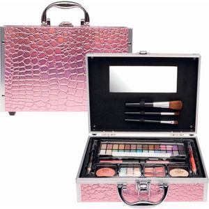 Casuelle - Make-up Koffer - Roze Krokodilprint - 46 Delig - Inclusief 28 Oogschaduw Kleuren