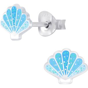 Joy|S - Zilveren schelp oorbellen - glitter blauw - 8 x 6 mm