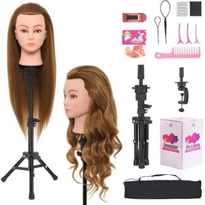 71cm Trainingshoofd voor Kappers met 60% Menselijk Haar en Hoofdstand, Inclusief Tafelklem en Haaraccessoires