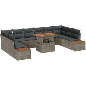vidaXL - 11-delige - Tuin - Eettafelset - met - Kussens - Grijs - Poly - Rattan - Acacia