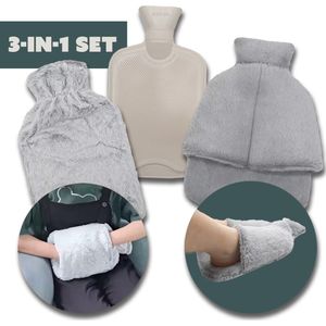 Warmwaterkruik - 3-in-1 Set met Fleece Handenwarmer en Voetenwarmer - Inhoud 2 liter - Kruik met hoes - Warmtekruik Grijs - Cadeau Voor Man en Vrouw