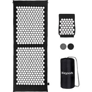 LifeGoods Acupressuur Mat XL - 128x48x2cm - Spijkermat met Kussen - Accupunctuur mat - Spijkerbed Incl. 2x Triggerpoint Bal - Zwart/Wit
