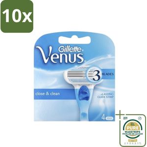 10 x Gillette - Venus - Close & Clean - Gladde scheerbeurt - 4 Navulscheermesjes - Grootverpakking - Scheermesjes Vrouwen - Glad Scheeren - Veilig Scheren - Beschermende Kussentjes - Soft Grip Handgreep