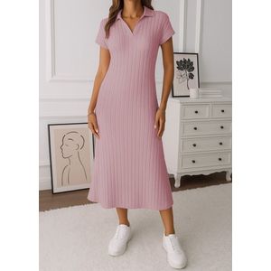 Midi Jurk - Korte Mouwen - S/M - Met Kraag - Roze