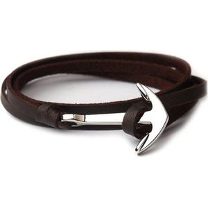 Zilverkleurige anker armband bruin leren koord