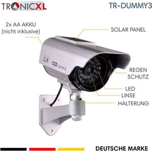 TronicXL CCTV Dummy Premium Solar Camera, met knipperende led, zilver, CCD-bewakingscamera, nep, voor binnen en buiten, inclusief waarschuwingssticker – Zonnepaneel – beveiligingscamera – replica cam