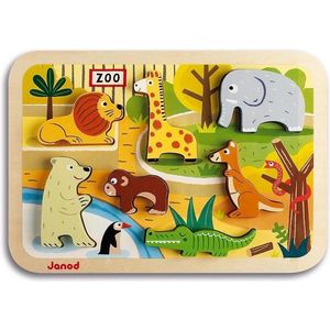 Janod Chunky Puzzel - Dierentuindieren - 7 Dieren Puzzelstukjes In 3D Met Een Dikte Van 1,5 Cm - Geschikt Vanaf 18 Maanden