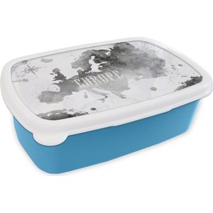 Broodtrommel Blauw - Lunchbox - Brooddoos - Waterverf - Wereldkaart - Zwart - 18x12x6 cm - Kinderen - Jongen