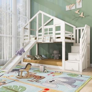 Kinderbed Boomhut 90x200 cm, Etagebed voor Kinderen in Raamstijl met Glijbaan en Valbeveiliging, Wit, inclusief Bord-2x Lattenbodem (Zonder Matras)