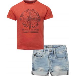 Koko Noko - Noppies - Kledingset - 2DELIG - Broek Jeans Short Blauw - Shirt Garden Grove Hot Sauce - Maat 128