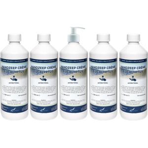 Handzeep Crème Eucalyptus 500 ml - set van 5 stuks - met gratis pomp - Voordeelverpakking