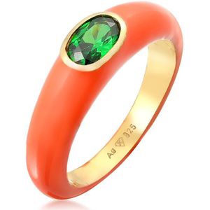Elli Dames Ring Dames Eenzaam Ovaal met Emaille oranje en Zirkonia Kristal groen in 925 Sterling Zilver Verguld