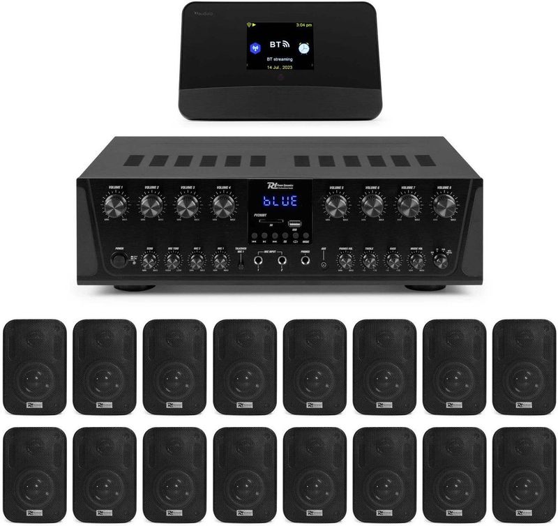 Power Dynamics - Multiroom Geluidsinstallatie - 8-Zone Versterker - 16 Speakers - DAB Tuner