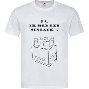T-shirt Unisex Volwassenen Grappig Tekst ""Ja, ik heb een sixpack..."" Op Voorkant | korte mouw | Wit/zwart | maat XXL