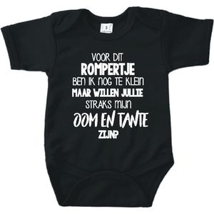 Baby romper met tekst zwangerschap aankondiging | Voor dit rompertje ben ik nog te klein maar willen jullie mijn oom en tante zijn? | Zwart | korte mouw | maat 56 cadeautje zwangerschap aankondiging bekendmaking |Cadeautje 100% katoen.