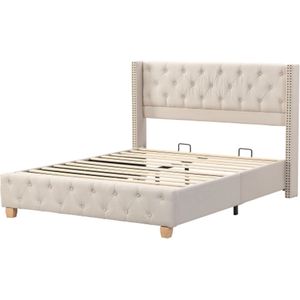Gotagee Gestoffeerd bed 180x200cm met lattenbodem en hoofdbord, knoopstoffering, studsstoffering, houten poten,linnen, beige