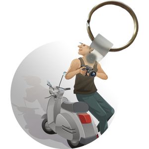 Sleutelhanger - Illustratie van iemand met een camera en een Vespa scooter - Plastic - Rond - Uitdeelcadeautjes