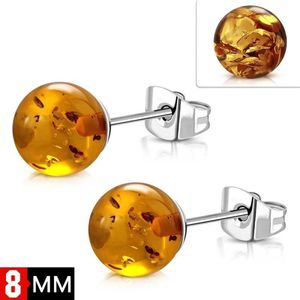 Aramat jewels ® - Bolletjes oorstekers cognac amber staal 8mm