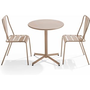 Oviala - Set ronde tafel en 2 bistro tuinstoelen in taupe metaal - Palavas