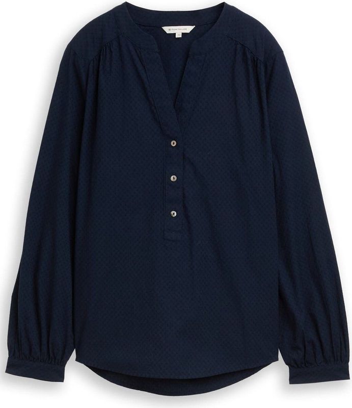 Tom Tailor - Blouse - Katoen - Gestructureerde Dobby - V-hals - Halve Knoopsluiting