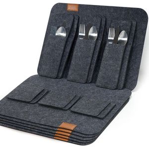Placemat set van 18 - afwasbaar - antislip - hittebestendig - vilt - inclusief onderzetters en bestekzakken - voor keuken eettafel - 44 x 32 cm - antraciet