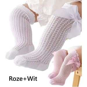 Meisjessokken met Grote Strik – Maat S (0–12 maanden) – 2 Paar – Wit & Roze – Ademend Mesh – Katoenmix – Kniehoog – Zachte Babysokken – All Season