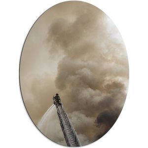 Dibond Ovaal - Brandweerman in Actie bij Grote Rookwolk - 72x96 cm Foto op Ovaal (Met Ophangsysteem)
