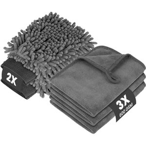 Autowas en Drogen Set - 3 Microvezel Doeken, 2 Chenille Washandjes - 600 g/m² Absorbent en Krasbestendig
