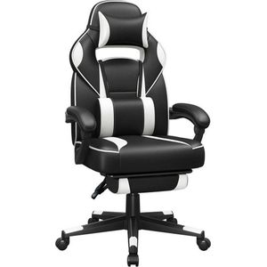 Gaming Chair, Bureaustoel Met Voetsteun, Bureaustoel Met Hoofdsteun En Lendenkussen, İn Hoogte Verstelbaar, Ergonomisch, 90-135° Kantelhoek, Tot 150 Kg Draagvermogen, Zwart-Wit