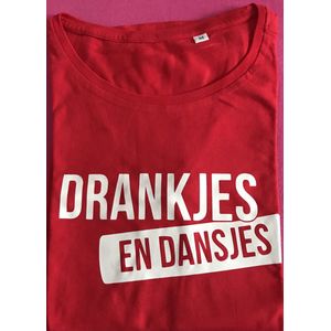 DAMES T-SHIRT â€œDrankjes en Dansjesâ€, Rood/Wit, maat M