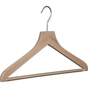 [Set van 10] Luxe handgemaakte kledinghangers van puur en ongelakt eikenhout voorzien van een anti-slip broeklat en een draaibare matzilver haak