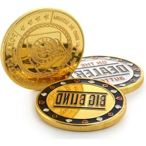 Pokerbuttonset in etui - 1 x dealer-button, 1 x klein blind, 1 x Big Blind (metalen munten)